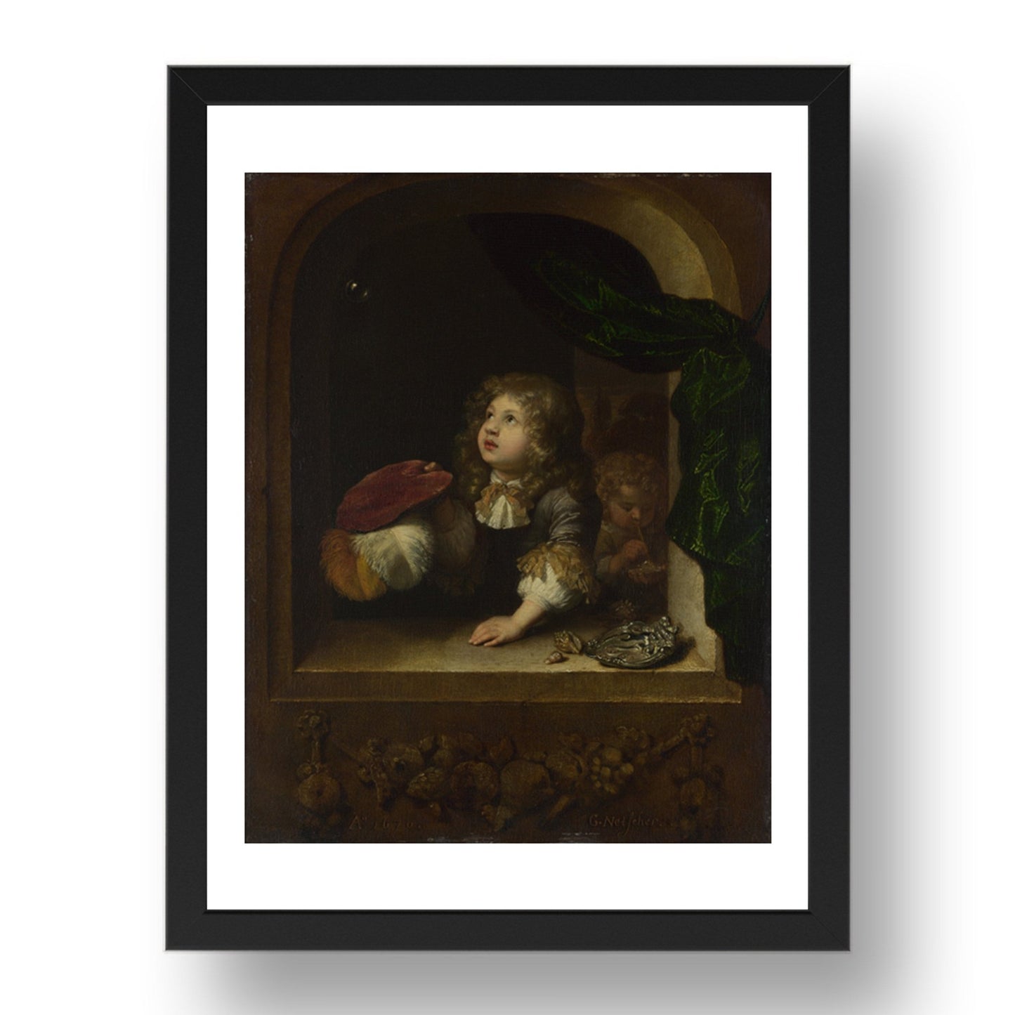 Caspar Netscher: Two Boys blowing Bubbles, Poster in 17x13"(A3) Frame