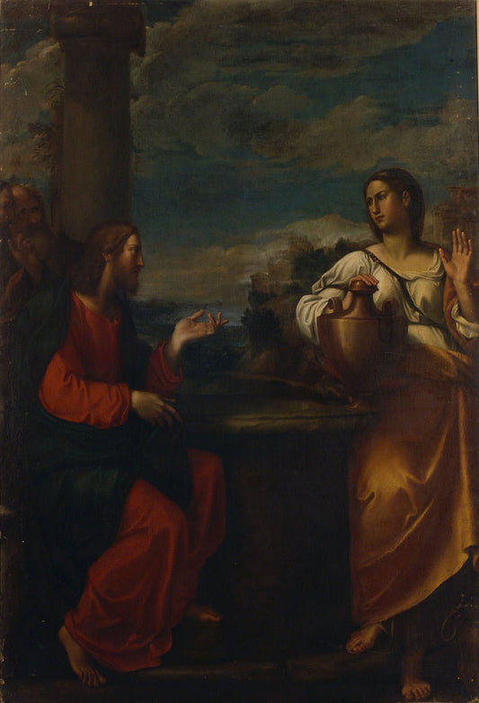 Christ and the Samaritan Woman, vintage artwork by Francesco Albani, 12x8" (A4) Poster