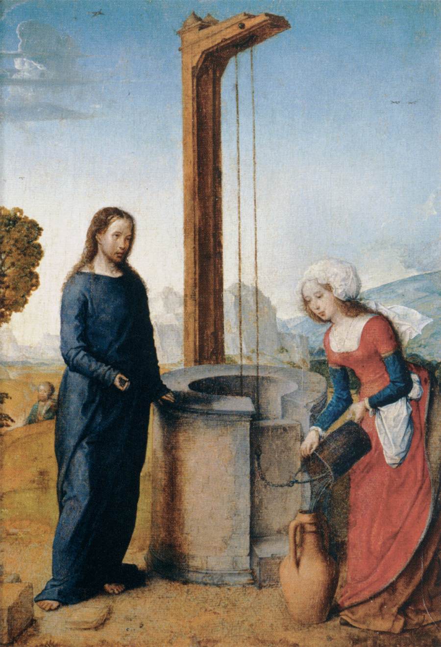 Christ and the Samaritan Woman, vintage artwork by Juan de Flandes, A3 (16x12") Poster Print