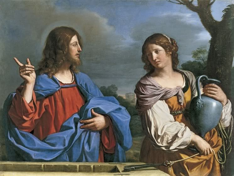 Christ and the Woman of Samaritan at the Well, vintage artwork by Guercino, 12x8" (A4) Poster