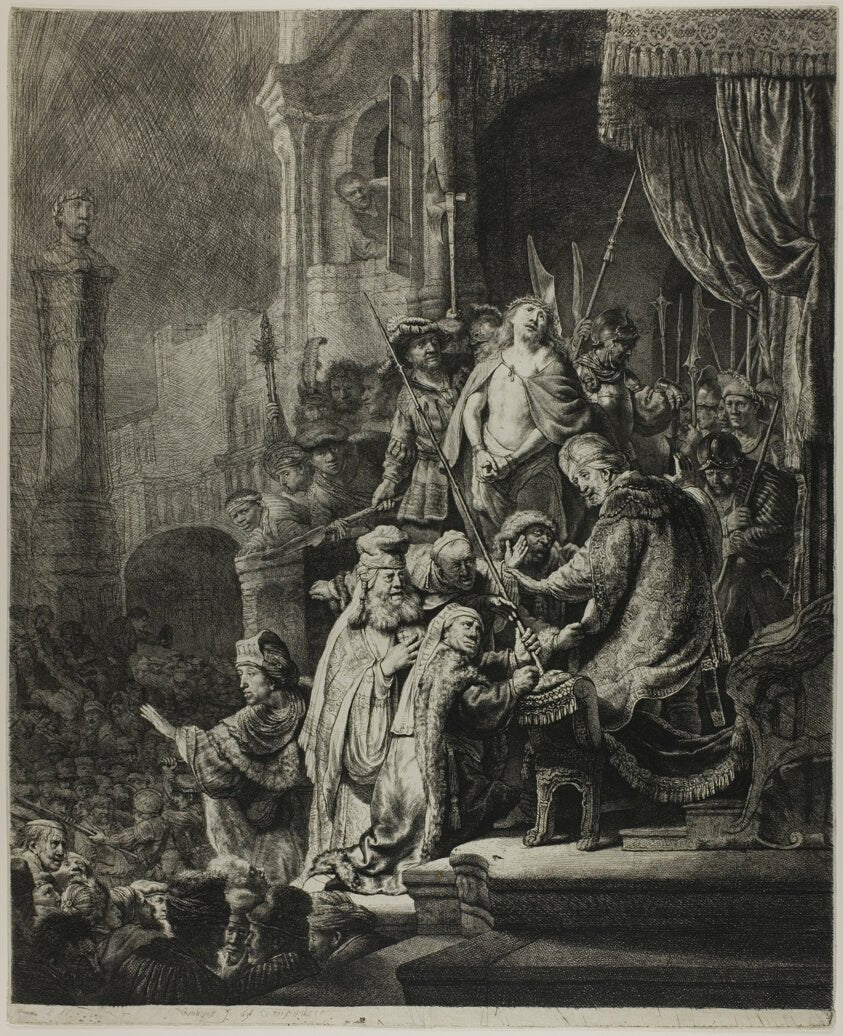 Christ Before Pilate by  Large Plate by  Rembrandt van Rijn, 23x16"( A2 size) Poster Print