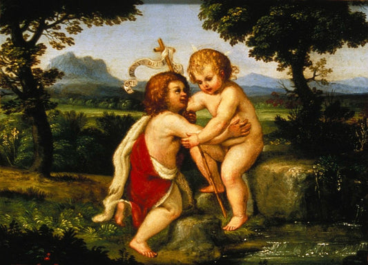 Christ Child and the Young Saint John the Baptist in a Landscape, vintage artwork by Francesco Albani, 12x8" (A4) Poster
