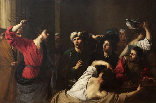 Christ Driving the Merchants from the Temple, vintage artwork by Bartolomeo Manfredi, 12x8" (A4) Poster