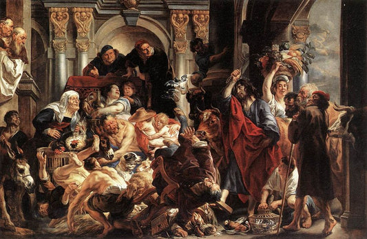 Christ Driving the Merchants from the Temple, vintage artwork by Jacob Jordaens, 12x8" (A4) Poster