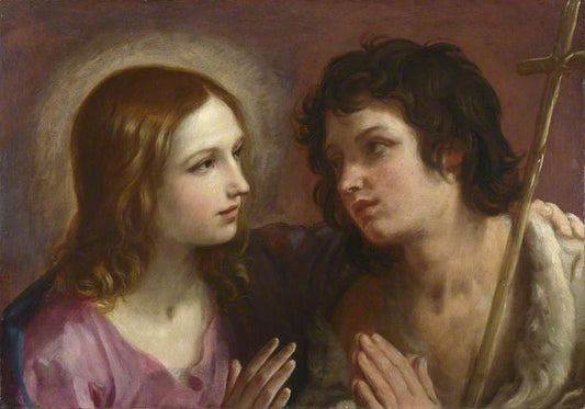Christ Embracing Saint John the Baptist, vintage artwork by Guido Reni, 12x8" (A4) Poster