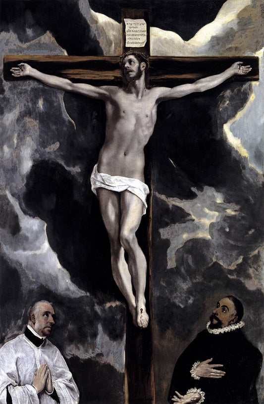 Christ on the Cross Adored by  Two Donors, vintage artwork by El Greco, 12x8" (A4) Poster