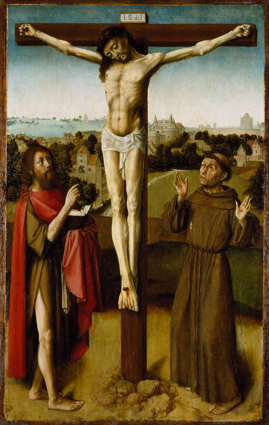 Christ on the Cross Between Saints John the Baptist and Francis of Assisi, vintage artwork by Gheeraert (Gerard) David, A3 (16x12") Poster Print