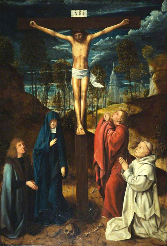 Christ on the Cross Between the Virgin, Saint John and Two Donors, vintage artwork by Workshop of Quentin Massys, A3 (16x12") Poster Print