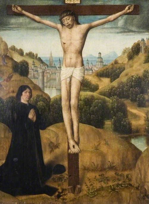 Christ on the Cross with a Donor, vintage artwork by Master of the legend of St Ursula, A3 (16x12") Poster Print