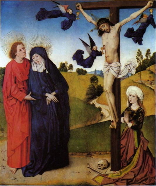 Christ on the Cross with Mary, Saint John and Mary Magdalen, vintage artwork by Master of the Life of the Virgin, A3 (16x12") Poster Print