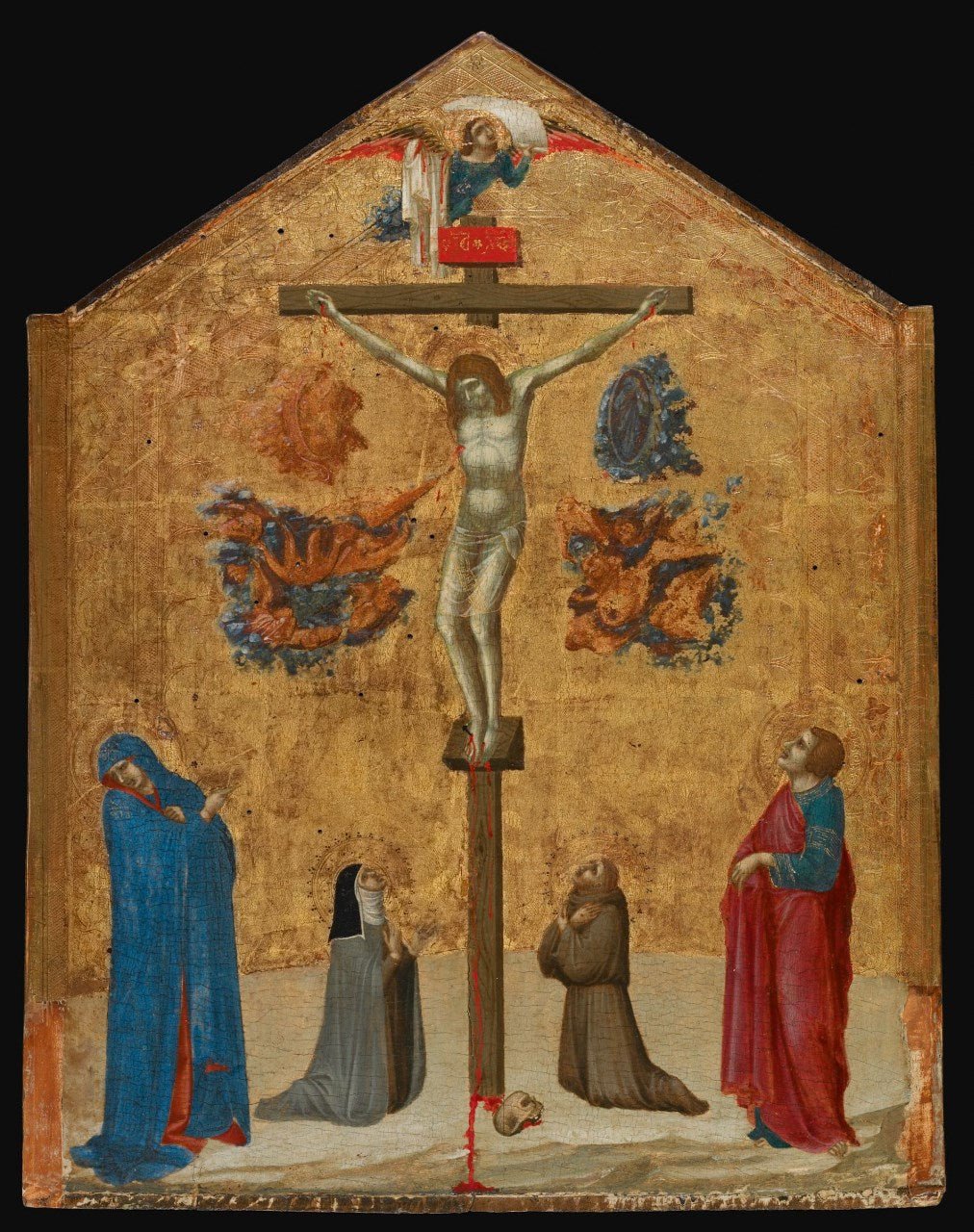 Christ on the Cross with the Virgin and Saints, vintage artwork by Ambrogio Lorenzetti, 12x8" (A4) Poster