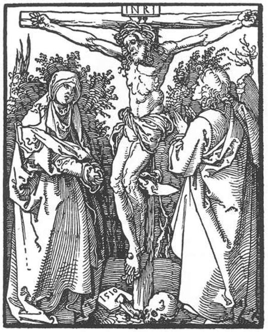 Christ on the Cross with the Virgin and St John, vintage artwork by Albrecht Dürer, A3 (16x12") Poster Print