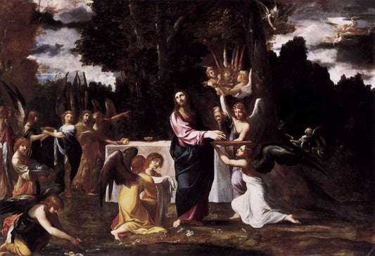 Christ Served by  Angels in the Wilderness, vintage artwork by Lodovico Carracci, 12x8" (A4) Poster