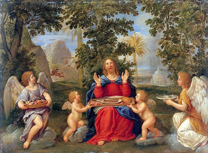 Christ Served by  Angels, vintage artwork by Francesco Albani, 12x8" (A4) Poster