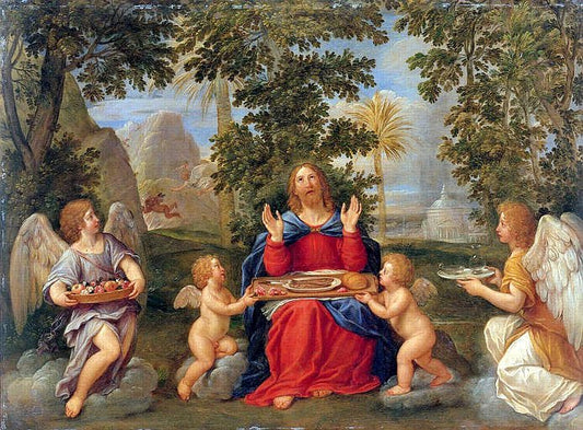 Christ Served by  Angels, vintage artwork by Francesco Albani, 12x8" (A4) Poster