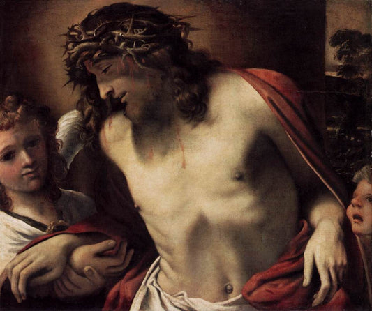 Christ with the Crown of Thorns Supported by  Angels, vintage artwork by Annibale Carracci, A3 (16x12") Poster Print