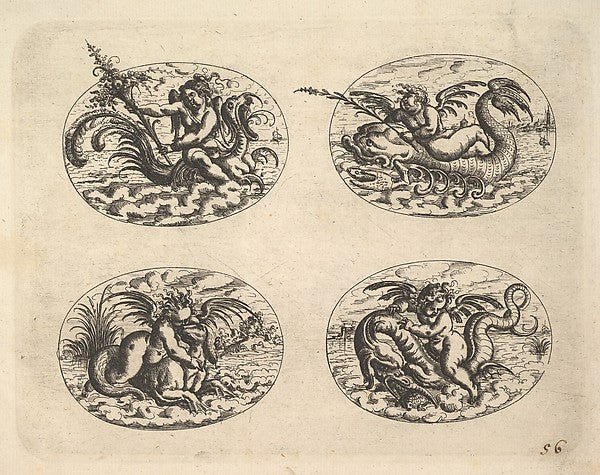 Christoph Jamnitzer:Four Ovals with Genii plates from the Neue Grotessken Buch 1610, vintage artwork, 16x12"(A3) Poster Print