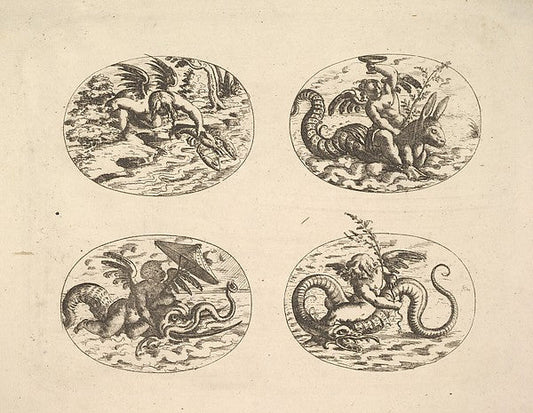 Christoph Jamnitzer:Putti with Sea Monsters plates from the Neue Grotessken Buch 1610, vintage artwork, 16x12"(A3) Poster Print