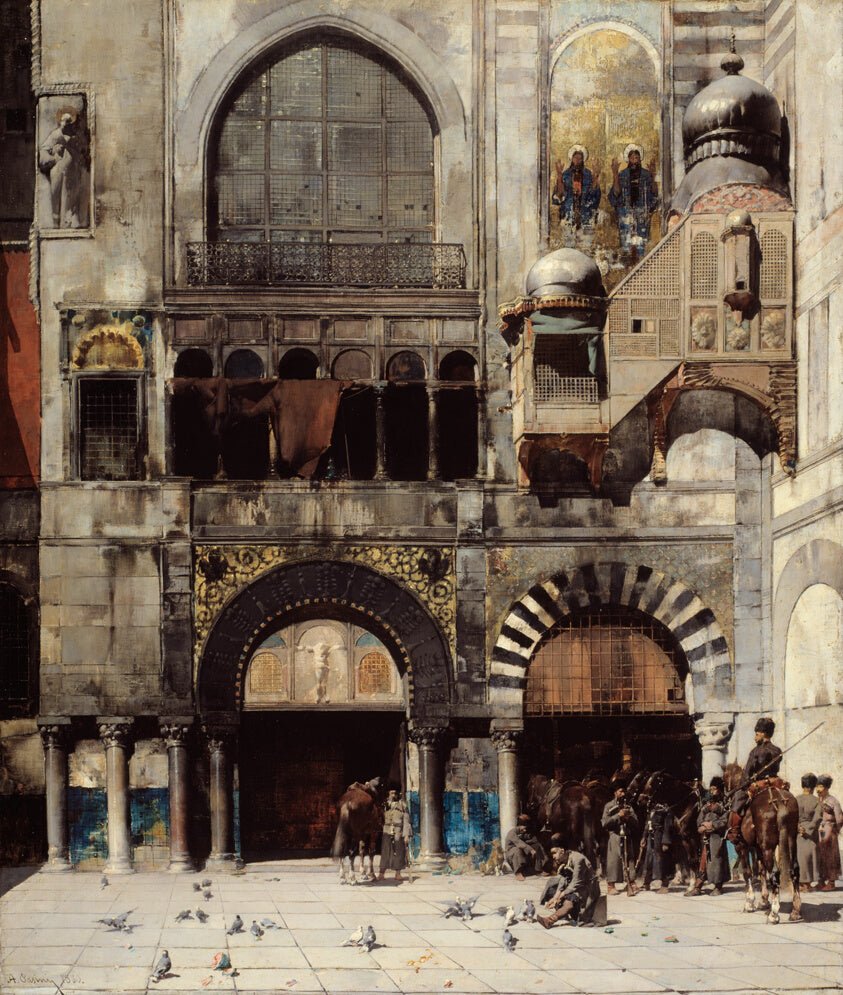 Circassian Cavalry Awaiting their Commanding Officer at the Door of a Byzantine Monument; Memory of the Orient by  Alberto Pasini, 23x16"( A2 size) Poster Print
