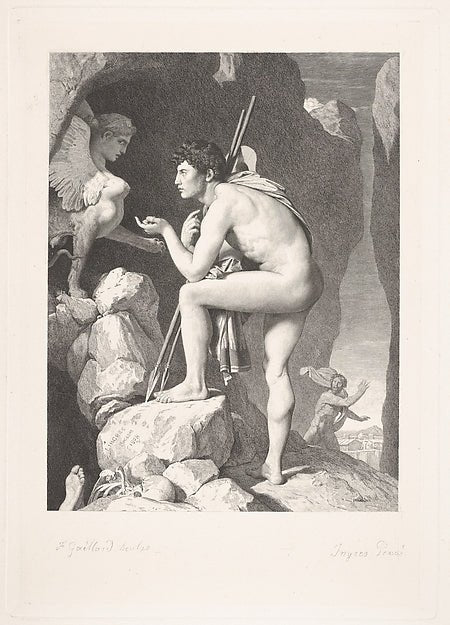 Claude-Ferdinand Gaillard , After Jean Auguste Dominique Ingres:Oedipus and the Sphinx after Ingres , vintage artwork, 16x12"(A3) Poster Print