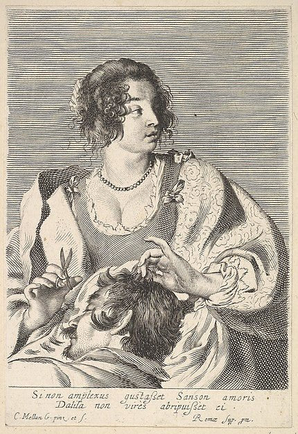 Claude Mellan:Delilah preparing to cut Samson's hair with scissors in her right hand below her chest are the head and shoulders of the sleeping Samson c1629, vintage artwork, 16x12"(A3) Poster Print
