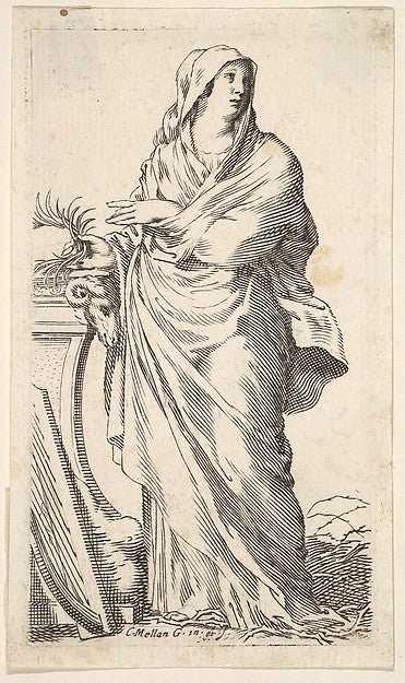 Claude Mellan:Robed woman standing next to a plinth her right hand bears a palm branch a harp rests against the plinth c1620–88, vintage artwork, 16x12"(A3) Poster Print