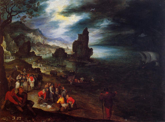 Coastal Landscape with the Sacrifice of Jonas, vintage artwork by Jan Brueghel the Elder, 12x8" (A4) Poster