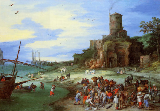 Coastal Landscape with the Tomb of Scipion, vintage artwork by Jan Brueghel the Elder, 12x8" (A4) Poster