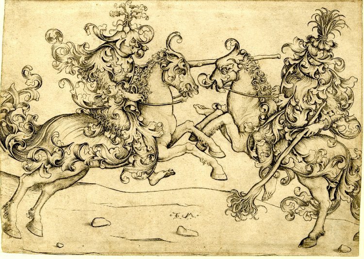 Combat of two wild men on horseback, vintage artwork by Master of the Housebook, A3 (16x12") Poster Print