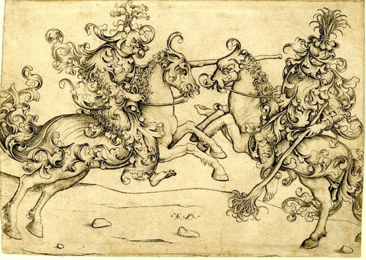 Combat of two wild men on horseback, vintage artwork by Master of the Housebook, A3 (16x12") Poster Print