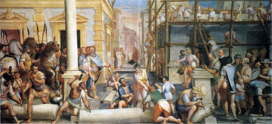 Construction of the warehouse of the Genoese in Trebizond, vintage artwork by Luca Cambiaso, A3 (16x12") Poster Print