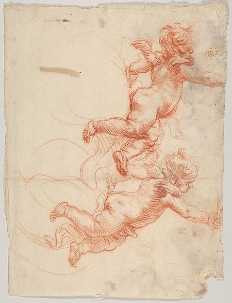 Cornelis Schut:Two Studies of a Flying Putto mid-17th century, vintage artwork, 16x12"(A3) Poster Print