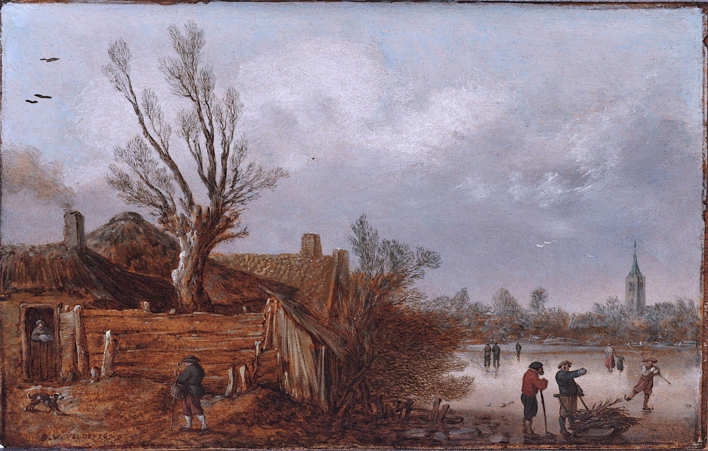 Cottages and Frozen River, vintage artwork by Esaias van der Velde I, 12x8" (A4) Poster