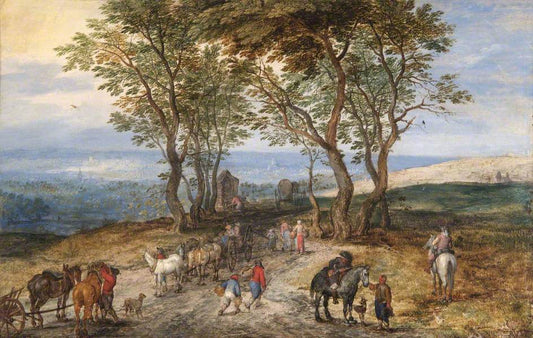 Country Road Scene with Figures:  A Man Praying at a Shrine, vintage artwork by Jan Brueghel the Elder, 12x8" (A4) Poster