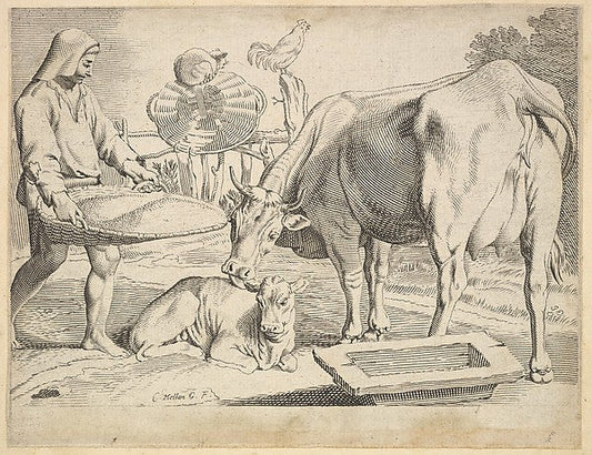 Country Scene with a Peasant  Cow and Calf-Claude Mellan , vintage art, A3 (16x12") Poster Print