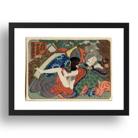 Couple under tree, Graphic Erotic ukiyo-e Japanese Shunga, classic artwork in 17x13"(A3) Frame