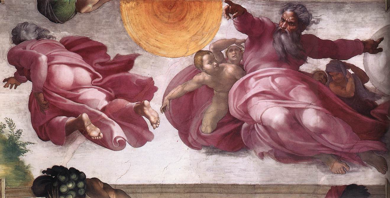 Creation of the Sun, Moon, and Plants, vintage artwork by Michelangelo, A3 (16x12") Poster Print