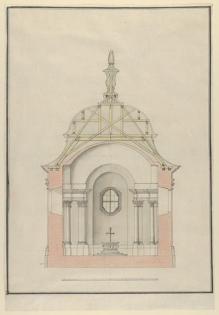 :Cross Section of a Baroque Church or Chapel with a Bell-shaped Roof c1650–1725 , vintage artwork, 16x12"(A3) Poster Print
