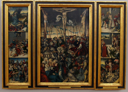Crucifixion  Triptych (recto), vintage artwork by Lucas Cranach the Elder, A3 (16x12") Poster Print