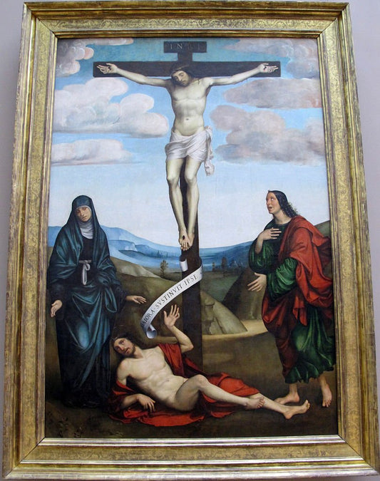 Crucifixion with Job at the Foot of the Cross, vintage artwork by Francesco Francia, A3 (16x12") Poster Print