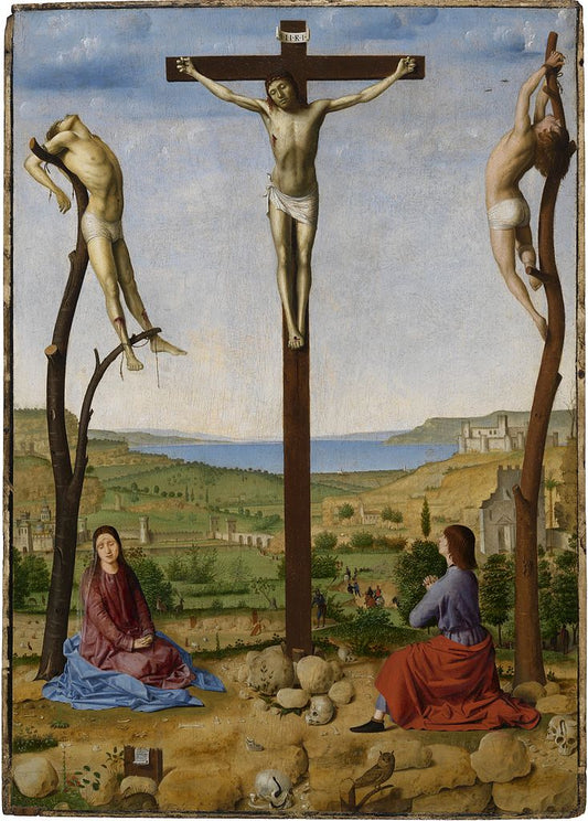 Crucifixion with Saint Mary and Saint John the Evangelist, vintage artwork by Antonello da Messina, A3 (16x12") Poster Print