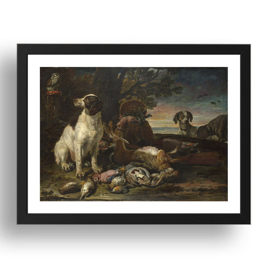 David de Coninck: Dead Birds and Game with Gun Dogs and a Little Owl, Poster in 17x13"(A3) Frame