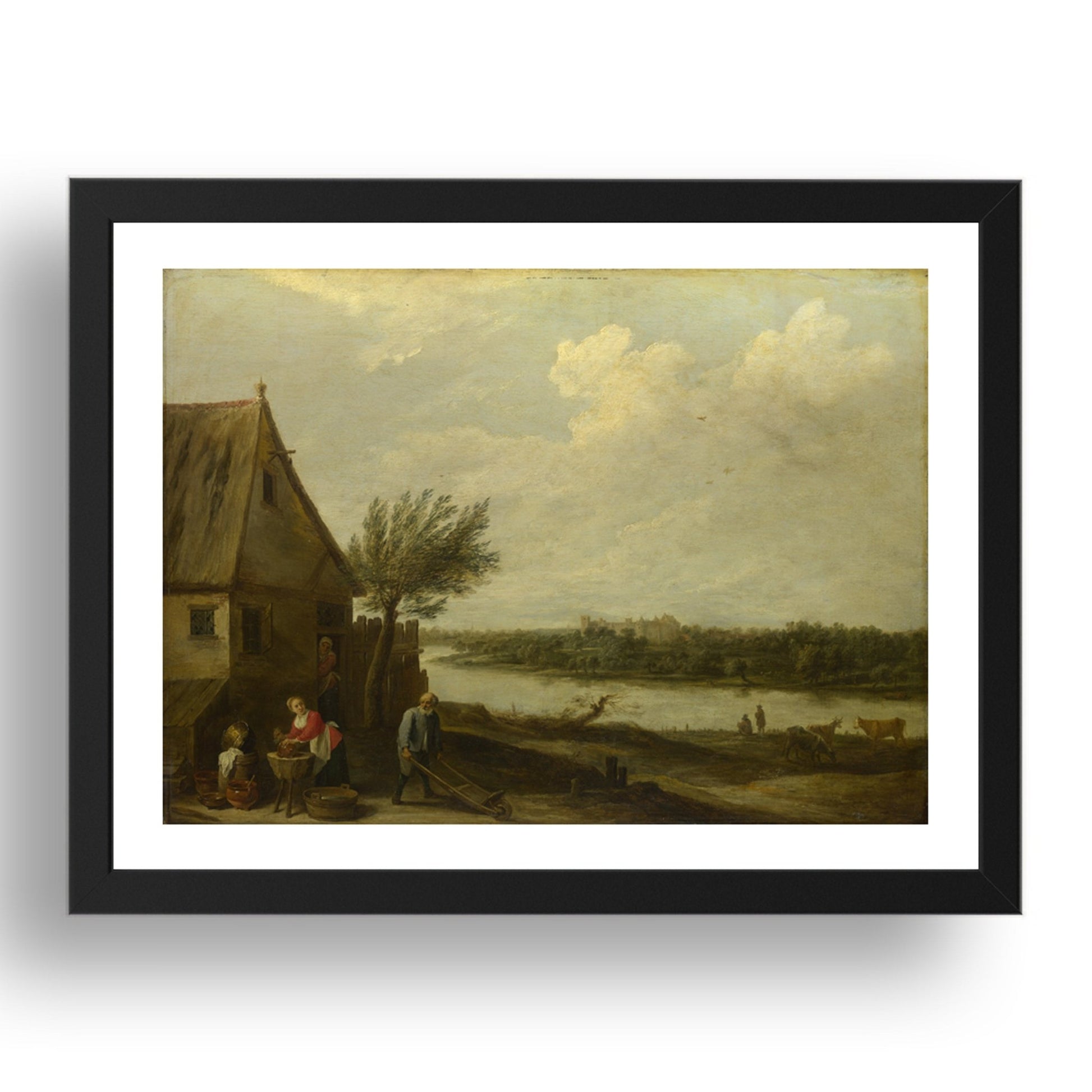 David Teniers the Younger: A Cottage by a River with a Distant View of a Castle, Poster in 17x13"(A3) Frame