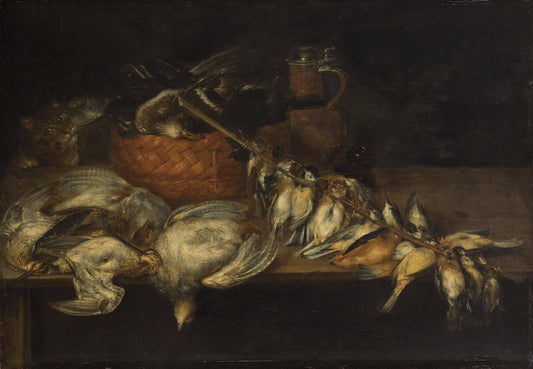 Dead Birds and Cat, vintage artwork by Alexander Adriaenssen, 12x8" (A4) Poster