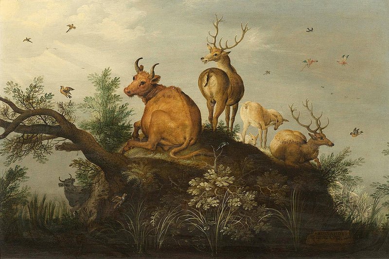 Deer and cattle on a hill in wooded landscape, vintage artwork by Roelant Savery, A3 (16x12") Poster Print