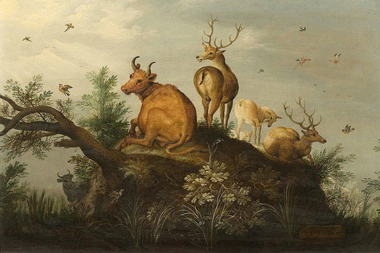 Deer and cattle on a hill in wooded landscape, vintage artwork by Roelant Savery, A3 (16x12") Poster Print