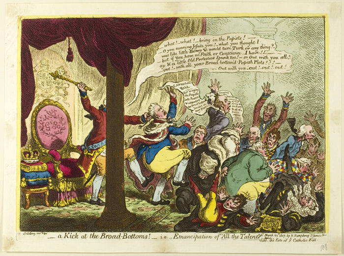 A Kick at the Broad Bottoms by  James Gillray (English, 1756-1815), 23x16