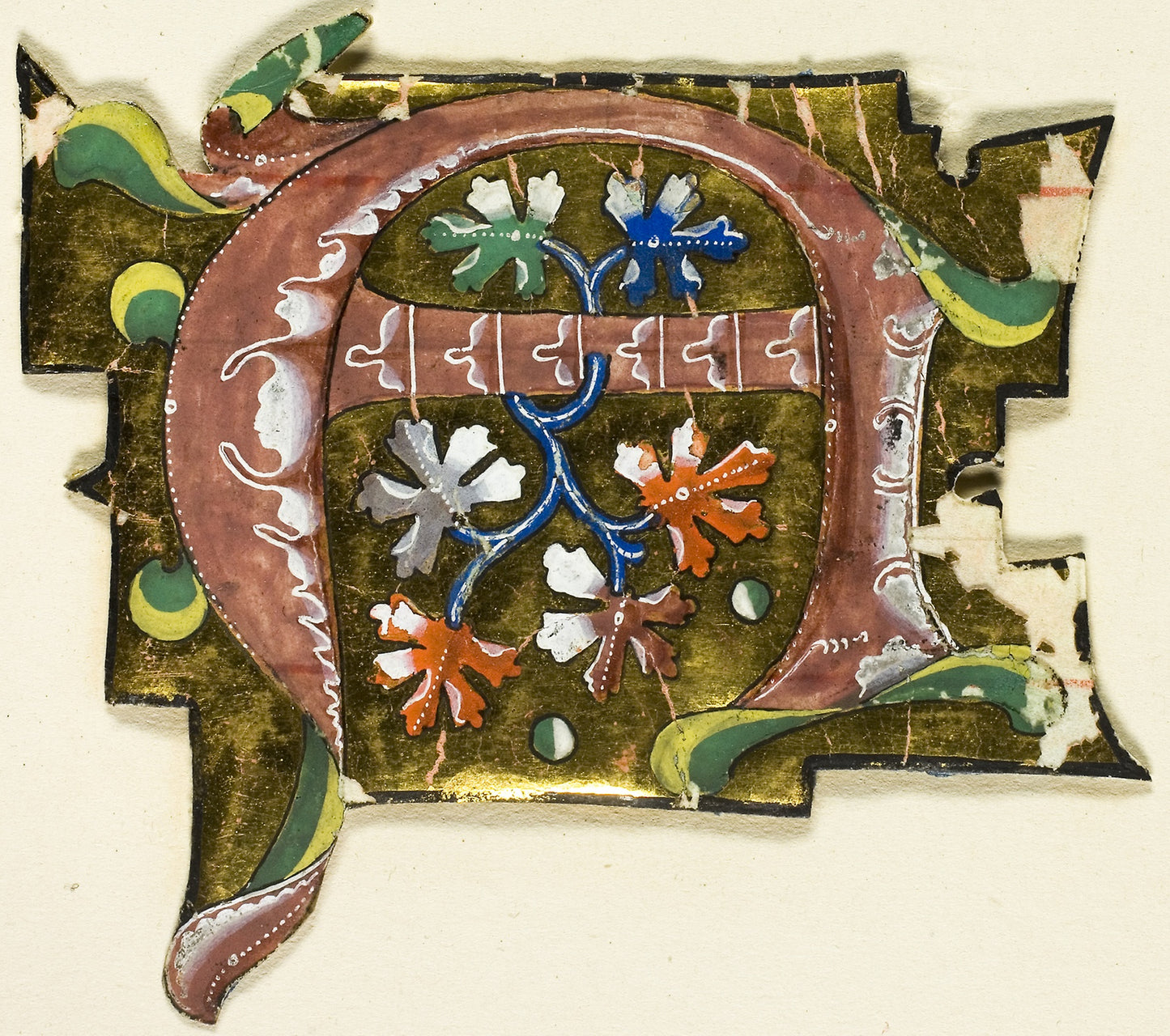 Decorated Initial "A" in Pink with Six Oak Leaves from a Manuscript -  European,  Poster Print Wall Art