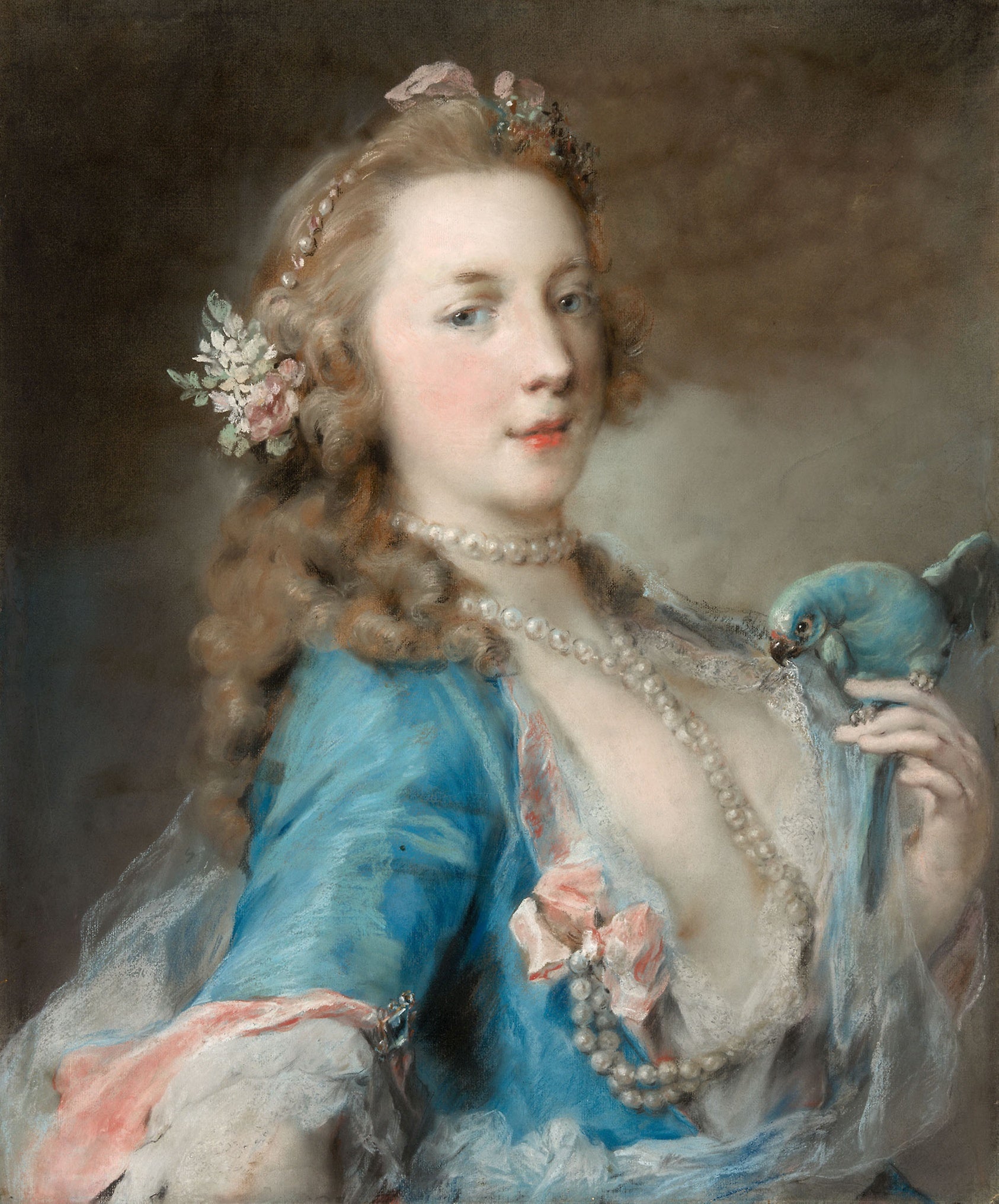 A Young Lady with a Parrot: Rosalba Carriera,16x12"(A3) Poster