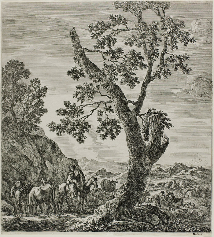 Mounted Peasant with a Child in Her Arms, plate six from The Six Large Views of Rome and the Campagna: Stefano della Bella,16x12